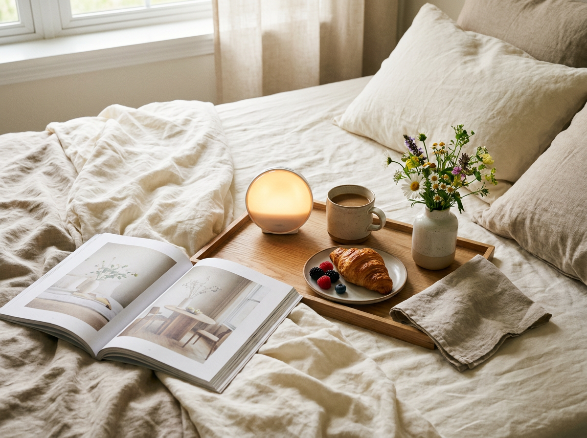 Colazione a letto con una piccola sveglia all'alba che brilla nelle vicinanze