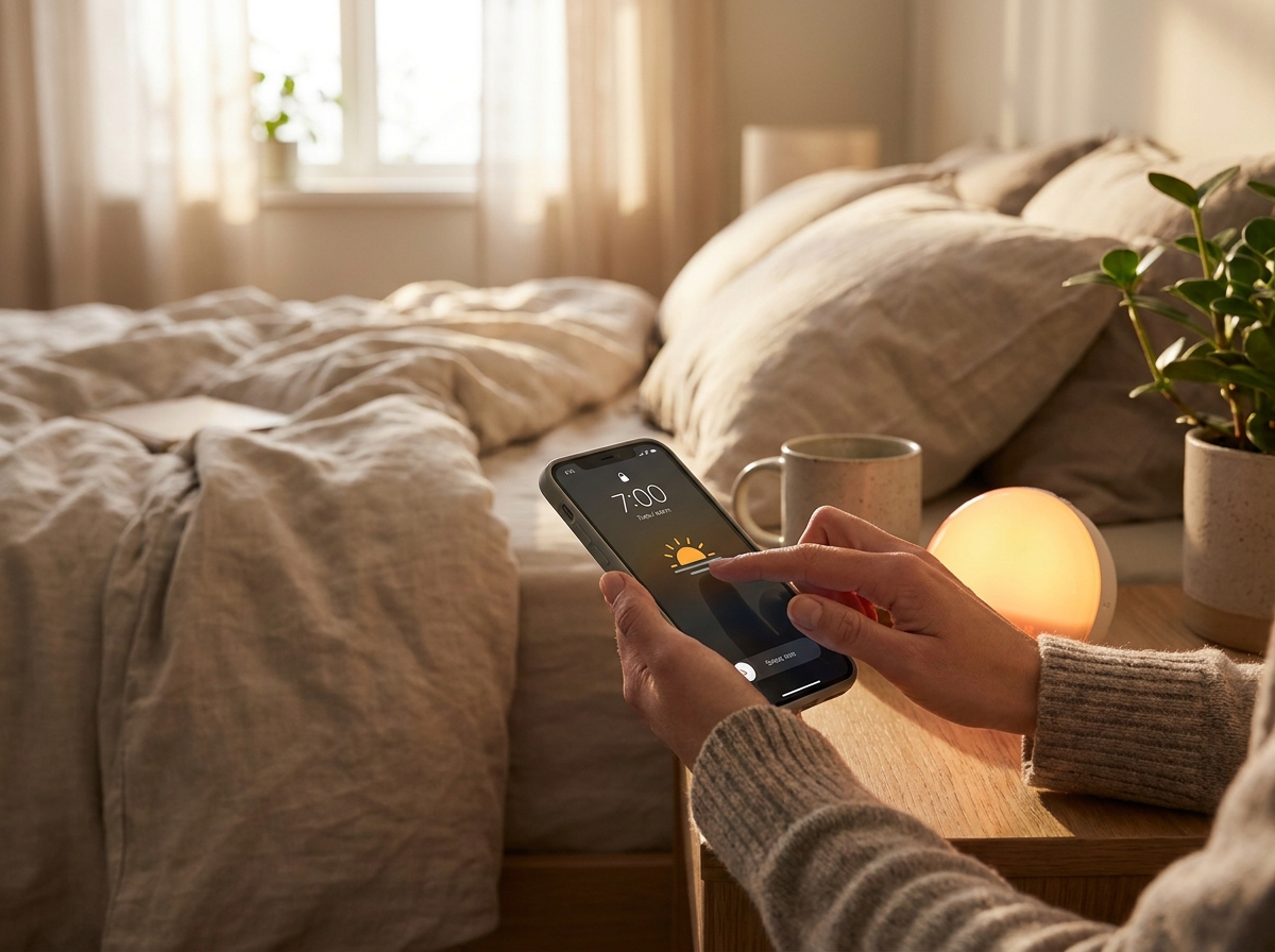 La sveglia del telefono viene silenziata accanto a una sveglia all'alba