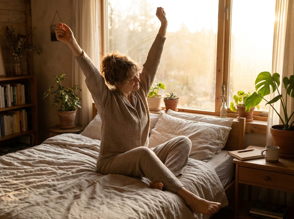 Una persona che si stiracchia comodamente sul letto mentre la morbida luce dell'alba riempie la stanza